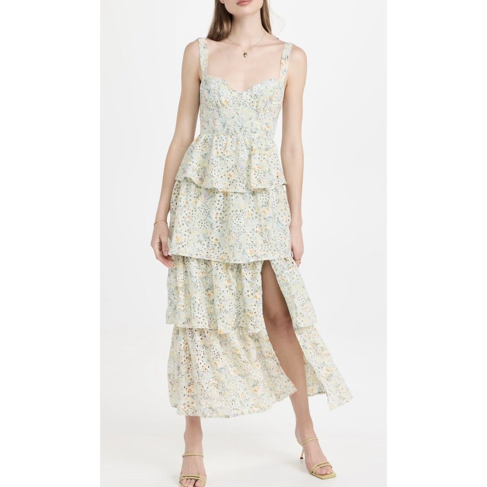 ASTR the Label Midsummer Dress Light Mint Floral Eyelet Maxi Tiered REVOLVE M